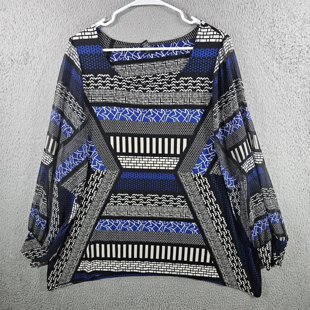 Alfani Woman 2X Blouse Blue Black White Geometric Print Sheer Long Sleeve Top